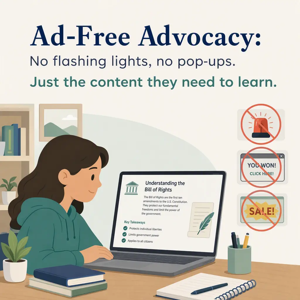 A flat illustration that matches the headline: Ad-Free Advocacy: No flashing lights, no pop-ups. Just the content they need to learn.