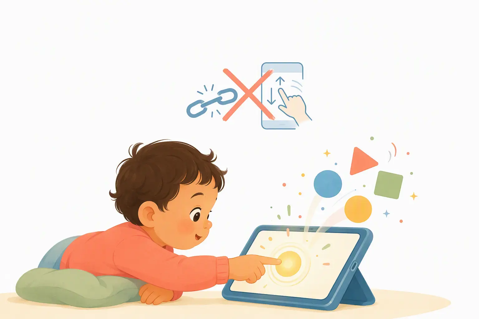 A toddler touching a glowing circle on a tablet screen.
