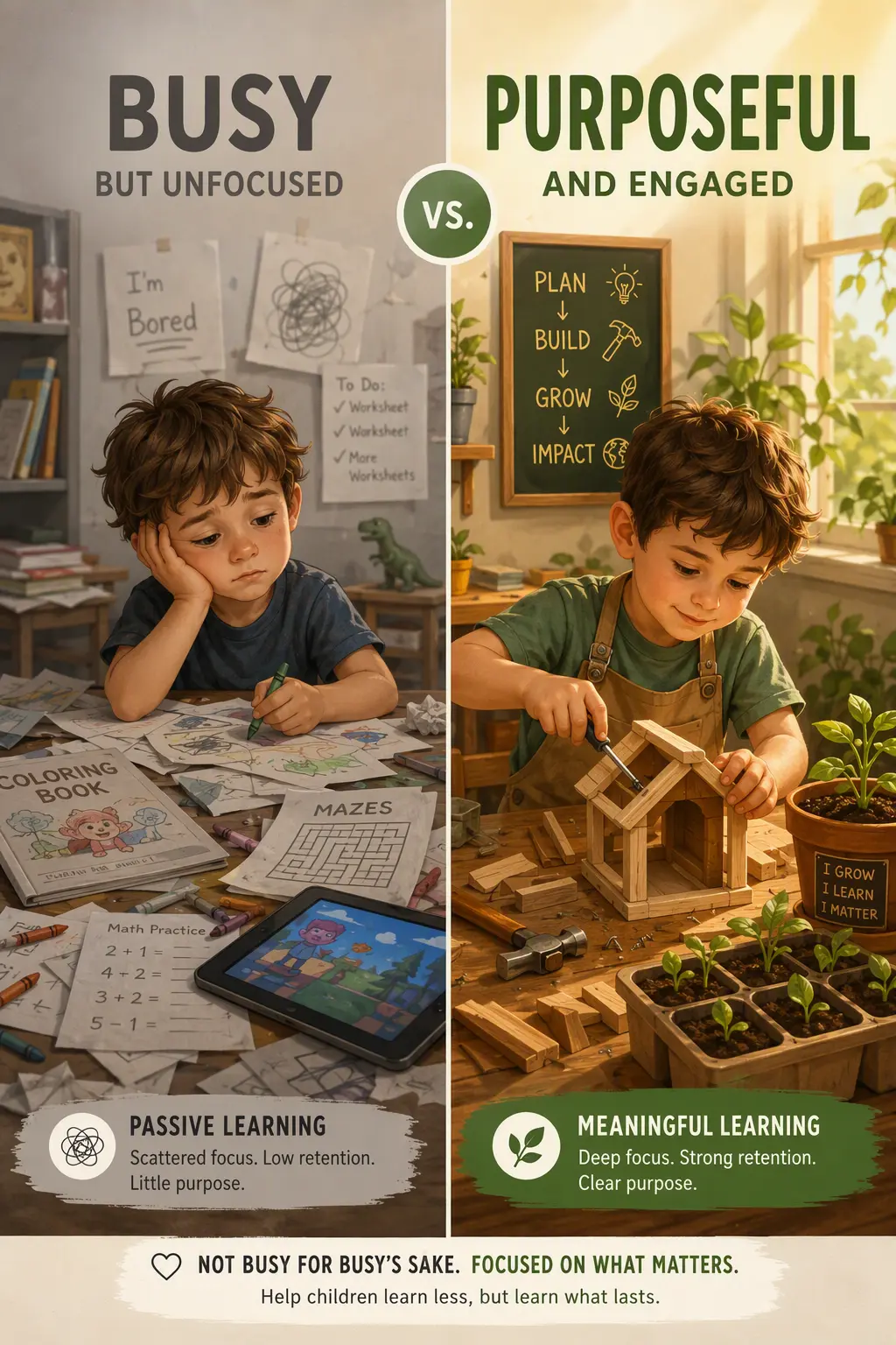 A side-by-side illustration contrasting busy versus purposeful learning. Left: busy inputs Right: purposeful learning