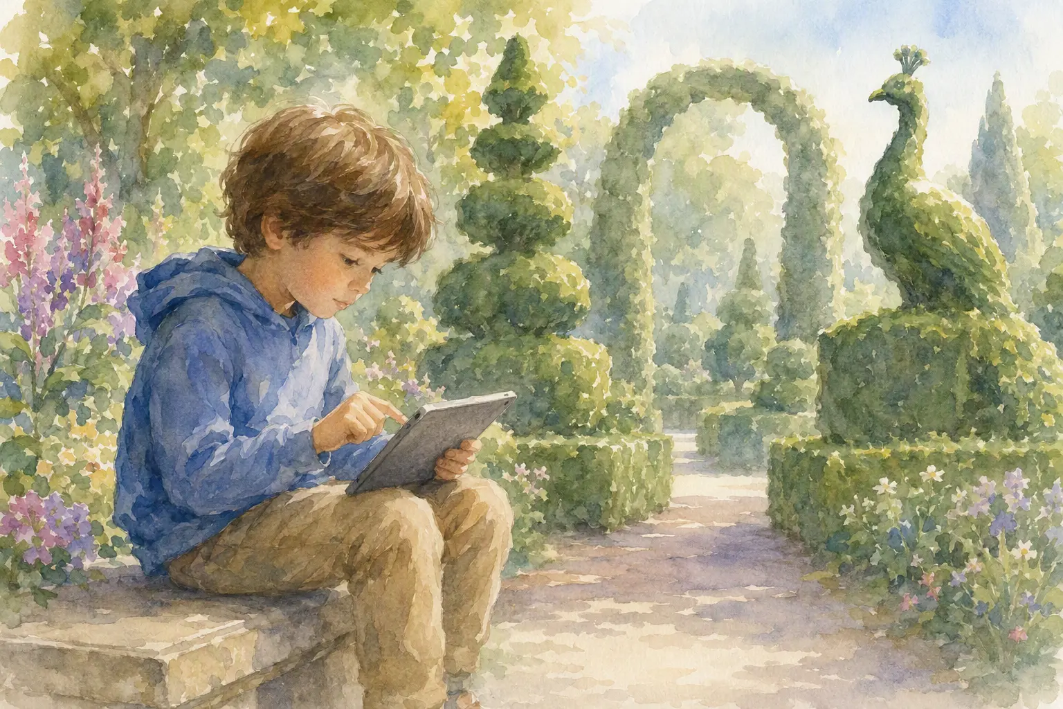 A child using a tablet outside in a topiary garden. The art style is soft atmospheric watercolors.